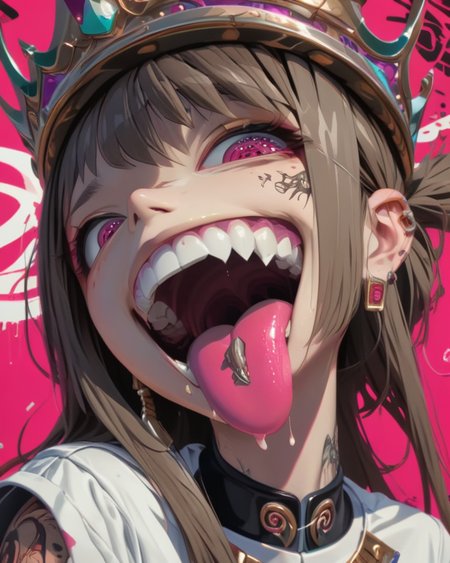 <lora:add-detail-xl:0.3>
 <lora:Punk_Anime_XL:1>, intricate details, 
1girl, blunt bangs, crown, earrings, fangs, forked tongue, horns, jewelry, long hair, looking at viewer, open mouth, pink background, portrait, saliva, shoes, solo, tattoo, teeth, tongue, tongue out, uvula, white shirt