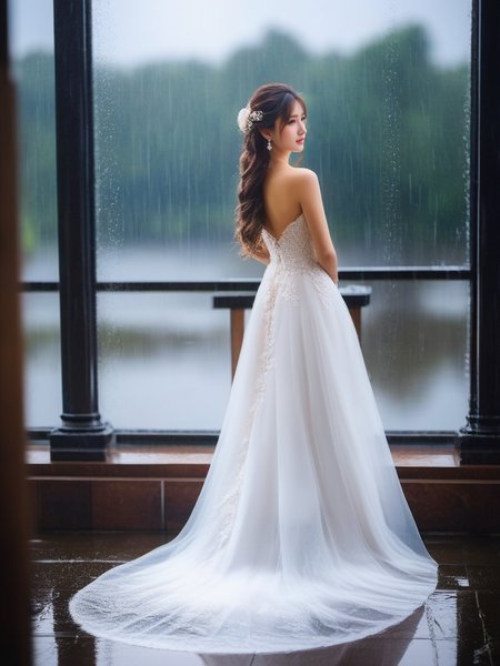 masterpiece, best quality, girl, long hair, looking at viewer, rain, wedding dress,<lora:sl_sila:0.8>
