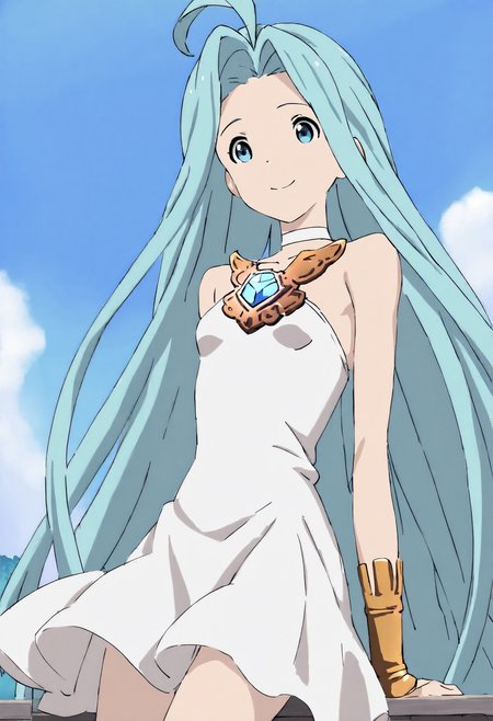 masterpiece, best quality, very aesthetic, absurdres, highly detailed, anime coloring, 
1girl, solo, smile,
lyria \(granblue fantasy\), very long hair, blue hair, ahoge, blue eyes, white choker, bare shoulders, skinny, small breasts, white dress,
blue sky, on deck,
<lora:Lyria_Granblue_Fantasy_Illustrious-XL:1>