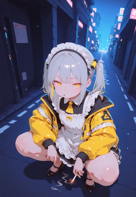 masterpiece, best quality, 

1girl, solo, mature woman, 
grey hair, long twintails, hair ornament, thick thighs, colored inner hair, flat chest,chubby, ((chubby thick legs)), no socks,

smoking cigarette, cigarette lighting,

slav_squatting, squatting, 
dynamic view, neon rays, colorful, yellow adidas hazard jacket, maid apron,
black victorian long maid dress, pumps, 
looking at viewer, focus on face, dutch angle, from above,

night, city alley, neons,
(fisheye lens), depth of field, bokeh, bloom, action shot, backlighting, 

S4bit4mago_illu, detailed, h4ra_illu, momosp,