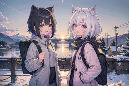 (masterpiece),  (2girls:1.2),  black hair,  silver hair,  medium hair, short hair,  multicolored hair,  yellow eyes,  purple eyes,  medium breasts,  winter,  casual,  cat ears,  smile,  open mouth,  backpack,  scenery