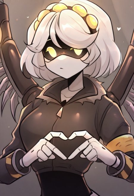 (masterpiece, high quality, highly detailed, best quality), SD-V, 1girl, solo, robot girl, humanoid robot, robot joints, hairband, short white hair, yellow eyes, solid circle pupils,fur-trimmed black jacket, armband, mechanical wings,
upper body, heart,heart hands,