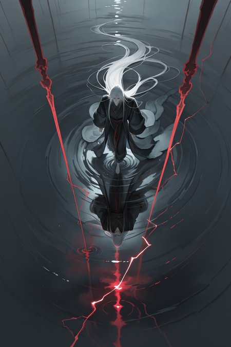 masterpiece, best quality, very aesthetic, newest, absurdres, highres,
<lora:YuYuHuadiaoIllustriousV1:1> yuyuhuadiao,
1boy, solo, 
fog, mystical atmosphere, water, reflection, dark background, red lightning,
barefoot, black hanfu, from above, very long hair, jewelry, white hair,
