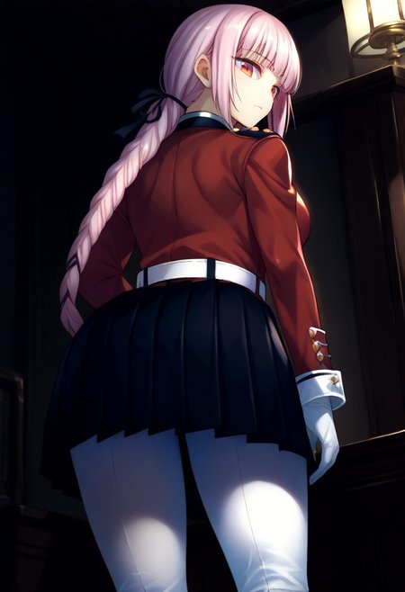 (zPDXL3), 
(zPDXLxxx), 
1girl, 
solo,
nightingale, red eyes, light pink hair, long hair, blunt bangs, braid, low hair ring, black ribbon, hair ribbon,
military uniform, red jacket, belt, white gloves, black skirt, pleated skirt, white pantyhose, white knee boots,
back,
looking back,
medium shot, 
from below, 
from behind,