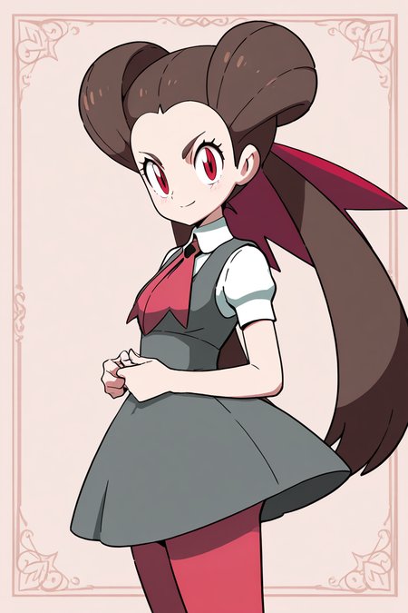 masterpiece, best quality, 1girl, solo, 21 year old model, eyelashes, (beautiful eyes), zzRoxanne, roxanne (pokemon), red eyes, long hair, brown hair, twintails, hair pulled back, pantyhose, ascot, grey dress, short sleeves, ribbon, shirt, hair ribbon, <lora:RoxannePokemonIXL:1.0>, upper body, side view, smile, looking at viewer, shiny skin,<lora:DiivesIXL:1.0>,