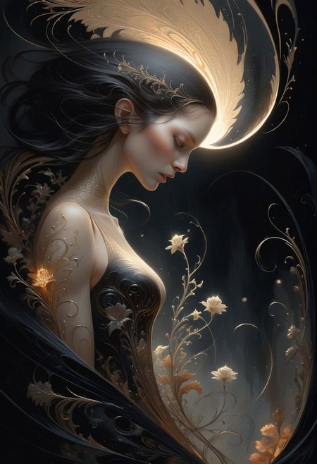 style of Aaron Horkey & Anne Bachelier fusion, Poster close-up, A delicate (tiny woman:0.8), illuminated by a (fast light void:1.5) revealing her intricate details and hidden beauty in a surreal landscape filled with (ethereal flora:1.2).