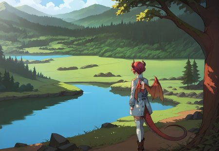 score_9,score_8_up,score_7_up,score_6_up,score_5_up,score_4_up, 1girl, grea, large breasts, dragon tail, dragon wings, dragon horns, pointy ears, short hair, cozy coat, plain thighhighs, zettai ryouiki, red hair, forest clearing, lake, beautiful scenery, standing in front of lake, from behind, back, epic light, (((distant view, wide shot, far away))), forest background