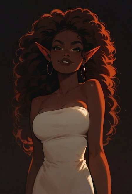 score_9, score_8_up, score_7_up, solo, brown hair,  (big lips:0.8), smirk, freckles, skinny, dark skin, dark lips, medium breasts, dark background, elf, cute, clothed,  curly hair, full body, big hair, thin, bursting breasts