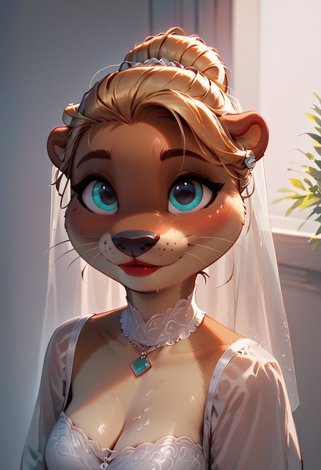 score_9, score_8_up, score_8, score_7_up, score_7, score_6_up, score_6, score_5_up, score_5,
(anthro female otter:1.4),       <lora:Furry_Anthro_Otter_Lora_for_Pony:0.6>,
highres, solo, cute girl, 35 years old girl,bride,
hair updo, blonde hair, bangs haircut, big eyes, cute face, beautiful face, pretty face, freckles, putting on red lipstick, doing her makeup, looking at viewer, face focus, natural large breasts, glowing, neon, norman rockwell style, oil painting
<lora:add-detail-xl:0.2>,
<lora:sdxl/pony_smooth_style:0.4>,
<lora:Vixon Gothic Neon:0.45>
<lora:princess_xl_v2:0.80>
<lora:Realistic000003_1_2.5DAnime_0.05_Merge1:0.4>,
<lora:Anthro_Elephant_Lora_for_Pony_V3:0.6>
<lora:incase-ilff-v3-4:0.8>