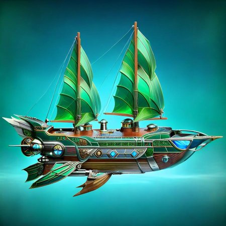 lumenarium, flying ship at space, big green sail like solar panels, stary sky, aether nebulas, realistic, wooden hull with metal elements, blue glowing energy sail:3 , silver metal, guns on board, hight tech, steampunk, wings like solar panels, tpship, metal plates, wooden boards, side view, ais-artdeco