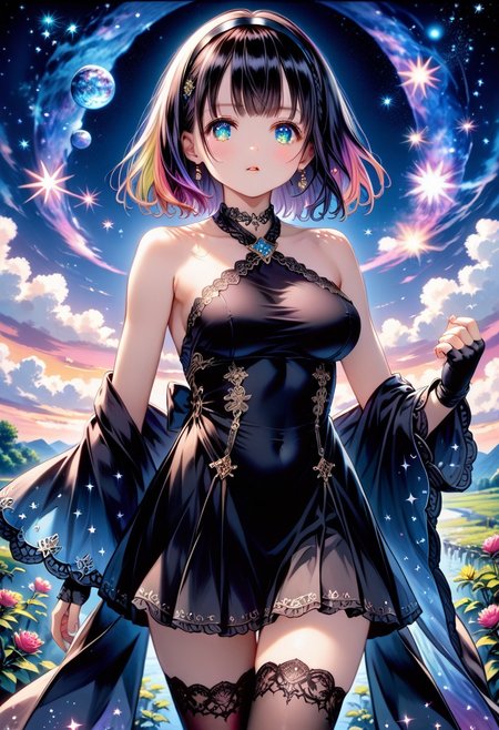 score_9, score_8_up, score_7_up, 1girl, solo, HimenoMP, scenery, (big breasts:0.8). (wide thighs:1.1), (wide hips:1.1), (mature woman:1.1), (detailed eyes, Eyes in high definition, eyes with a lot of detail), (best quality:1.4), a close up of a woman with colorful hair, anime girl with cosmic hair, rossdraws pastel vibrant, artwork in the style of guweiz, fantasy art style, colorful, vibrant fantasy style, rossdraws cartoon vibrant, cosmic and colorful, guweiz, colorfull digital fantasy art, stunning art style, beautiful anime style, black thighhighs, fingerless gloves, black detached sleeeves, wide sleeves, bare shoulders, halterneck, sleeveless dress, black skirt, black dress, black choker, blue veil, hairband, calover