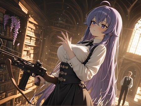 1girl, long_nails, lens flare, RTX, motion_blur:1.1, motion_lines:1.1, perky breasts, quiet atmosphere, ambient occlusion, 2boys, amazing quality, fog, absolutely eye-catching, nail_polish, crossbow, masterpiece, upper body, barefoot, Underlights hair, absurdres, Library aisle, long hair, ray_tracing, Roxy Migurdia (Mushoku Tensei), Standing with hands tucked in back pockets, newest, large breasts, best quality, ultra-detailed, anime character, Golden Hour Theme, blurry background, very aesthetic, Grave Robber, fox_girl, Artfully tousled, slime_(creature), Wisteria Mansion Formal Wear - Elegant purple-themed attire worn at safe houses during formal gatherings., depth of field, tall bookshelves, ink in water, pale skin, soft overhead light., 8K