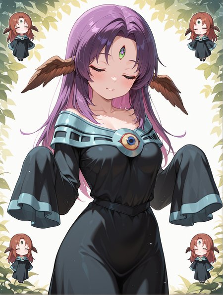 witch of the black forest, 1girl, chibi, solo, closed eyes, smile, green third eye, black long dress, brown head wings, blush, medium breasts, parted lips, collarbone, sleeves past fingers,
masterpiece,best quality,amazing quality,very aesthetic,absurdres,newest,<lora:Witch of the Black Forest illusXL v1.4:0.7>,