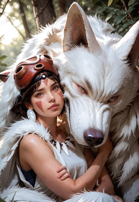 score_9, score_8_up, score_7_up,  1girl, San(/Princess Mononoke)/,(ultra HD quality details), pale skin, brown hair, facepaint, brown eyes, short hair, mask on head,
shiny skin, eye contact, fur cape, crystal necklace, sleeveless_shirt,
tilted angle, moody lighting, p3tl0v3, white wolf, hugging white wolf, dim lighting, medieval fantasy, perfect quality, high quality, photorealistic, sitting BREAK orange and blue hue, (abstract:0.2), expressiveH