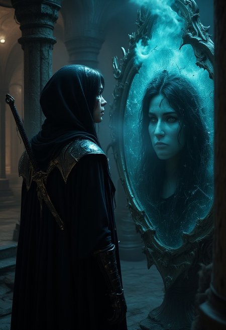 Midjourney style, Photorealism, Cinematic style, high fidelity, realism, chiaroscuro, play of shadow and light, rays of light
"A dark and mysterious scene featuring a young woman with black hair, wearing black leather armor and a hooded cloak. She has a sword on her back and is gazing intently at a crumbling, eerie portrait of a face in a cracked mirror. The reflection appears to be fading away, with blue smoke or mist emanating from it. The room is dimly lit, with stone pillars and a gothic architectural style. The mood is intense, with an atmosphere of magic, suspense, and an impending revelation."