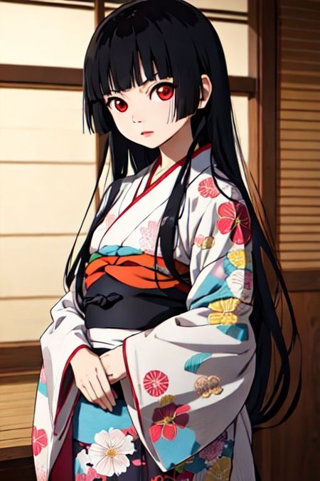 enma_ai short yukata obi, black hair, long hair, indoors, cowboy shot, kimono