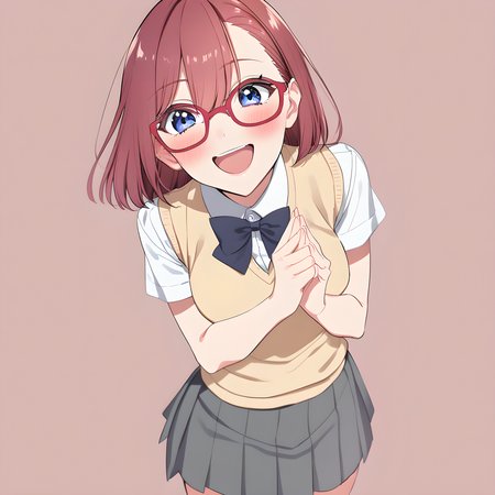 amano_ririsa, 1girl, solo, glasses, skirt, school uniform, white background, shirt, own hands together, bow, simple background, open mouth, smile, grey skirt, blush, red-framed eyewear, sweater vest, short hair, maroon hair, five finger<lora:XL-AmanoRirisa:1>