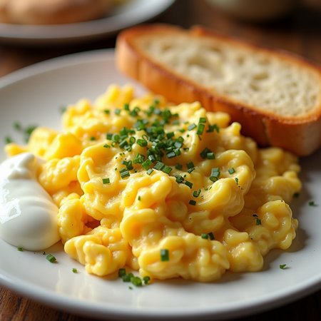 A photorealistic image of a perfect plate of buttery scrambled eggs, cooked to a rich, creamy texture with a golden-yellow hue. The eggs are sprinkled with finely chopped wild chives, adding a fresh green contrast. Next to the eggs is a dollop of smooth, white sour cream on the side, complementing the dish. A piece of perfectly toasted ciabatta bread with a crispy golden-brown crust and a soft interior sits beside the eggs. The eggs are slightly glistening with butter, giving off a little bit of steam, indicating they’re fresh and hot. The lighting should be warm and inviting, highlighting the texture and making the food look incredibly appetizing. The overall image should be of extreme quality, designed to make anyone who sees it feel hungry