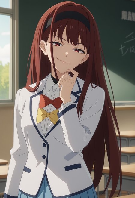 score_9, score_8_up, score_7_up, anime screencap, source_anime, 1girl, solo,
<lora:Hibari_Houkobaru_Makeine_V1:.85>, KJOhibari, red hair, red eyes, brown eyes, long hair, black headband, 
white school uniform, white jacket, bowtie, light blue pleated skirt, 
standing, smug, hand on chin, looking at viewer, head tilt, 
classroom, 
(Beautiful, medium Breasts:1.2),
