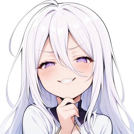 masterpiece, best quality, high resolution, absurdres, 1girl, purple eyes ,white hair  , long_hair, ahoge,hair between eyes,  parted bangs,chibi, looking at viewer, smug, teasing,scoffhand on chin, teeth, centered, aroused, blush, upper body, transparent background, very smug smile, best quality, highres, absurdres, amazing quality, masterpiece, 
Sticker,solid stroke,
