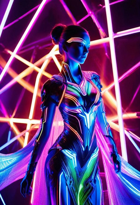A hyper-realistic depiction of a lone girl, focusing on her upper body, adorned in an LED-inspired outfit that shimmers with a mesmerizing array of colors. The ensemble is intricately detailed, with circuits and microchips visible under a translucent, neon-lit fabric. Soft, ethereal lighting accentuates the subject's serene expression, set against a dark, gradient background that transitions from deep blues to purples, evoking a sense of futuristic elegance. The camera captures her from a slightly elevated angle, emphasizing the innovative, high-tech fashion that encapsulates her form, reminiscent of a digital painting with ultra-detailed textures and a vibrant, cyberpunk aesthetic.