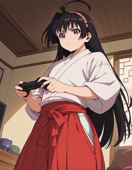 score_9, score_8_up, score_7_up, source_anime, <lora:ayako-mochizuki-s1-ponyxl-lora-nochekaiser:1>, ayako mochizuki, long hair, black hair, purple eyes, ahoge, hairband,, skirt, japanese clothes, hakama, miko, red hakama,, living room, video game, controller, competitive, fun, afternoon, , , from below, solo,, cowboy shot, dutch angle