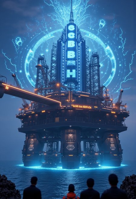 "In the heart of a vast, futuristic oil rig, towering above a churning ocean, stands a massive, high-tech fuel depot that glows with an otherworldly energy. The rig, a marvel of advanced engineering, is composed of sleek metal and transparent panels that reveal the glowing blue liquid being processed within. Giant mechanical arms extend from the rig, harvesting luminous orbs of 'Buzz' from deep within the ocean’s mysterious depths. These orbs are then funneled through translucent pipelines into a central reactor that pulses with immense power.
Above the rig, suspended in the sky, a holographic display lights up the clouds, casting the word "Fuel the Fire with Buzz!" in bold, electrifying letters. The sky is alive with streaks of lightning and auroras, reflecting the sheer energy being generated. Workers, clad in advanced exosuits, oversee the process, their silhouettes highlighted against the brilliant glow of the rig’s operations. The scene is a blend of industrial might and futuristic wonder, where the collection and harnessing of Buzz fuel the very heart of this powerful, energy-producing machine."