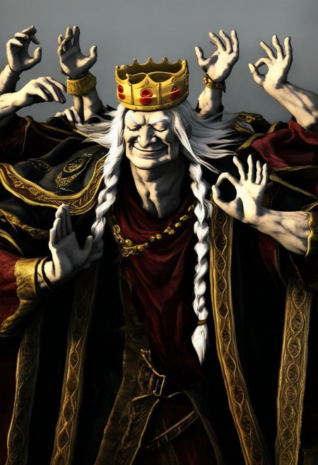 handsome,1old man,white hair,extra arms,multiple hands,crown,twin braids,evil smile,robe,cape, pachameme, hands up, ok sign, closed eyes,solo