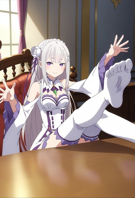 score_9, score_8_up, score_7_up, source_anime,
BREAK
1girl, solo, anime screencap, anime coloring, 
<lora:shiEmiliaV2:0.9> shimilia, long hair, grey hair, purple eyes, pointy ears, crown braid, hair flower, hair ribbon, purple ribbon, x hair ornament, white dress, cleavage, bare shoulders, wide sleeves, white thighhighs, thigh boots,
<lora:shiFootDesk:0.8>,
crosft, feet on table, crossed legs, sitting, legs, foot focus, 
looking at viewer, outstretched arms, seductive smile, half-closed eyes,