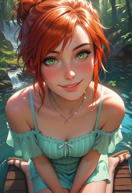 score_9_up, score_8_up, score_7_up, score_6_up, score_5_up, pg13, 4t4r, perfect cute face, perfect eyes, detailed, intricate details, chromatic aberration, realistic, dim lighting, 1girl, solo, 28yo redhead, (freckles), green eyes, striped off-the-shoulder sundress, layered necklace, strappy sandals, hair tied up in a messy bun with loose strands framing face, beautiful green forest and waterfall, looking at the viewer, (blush), subtle smile, fFaceDetail, stunning, masterpiece, close-up, kawaii