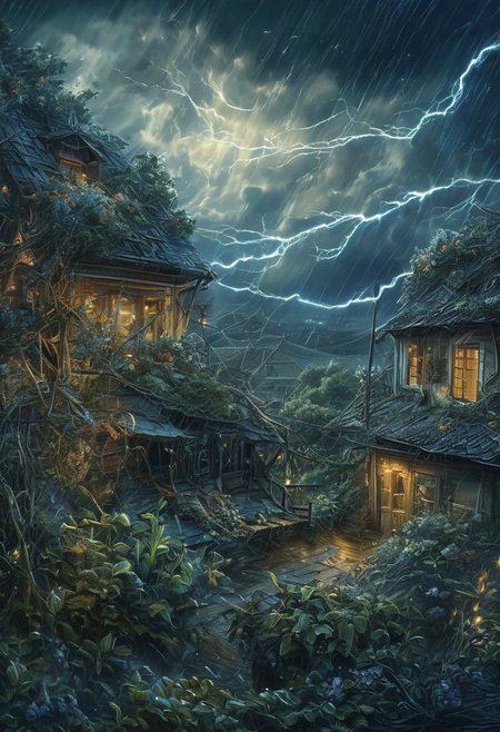 Best quality, masterpiece,
View at nightstorm from window village house, village outside and plants under strikes of strong wind, wrath of nature
Intricate, entangled, intricately detailed
