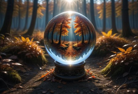 Crystal ball containing a forest ablaze with autumn colors, 
under a pristine blue sky, 
mysterious ambiance, 
capturing the essence of fall, 
sharp reflections, 
perfect clarity, 
dramatic lighting, 
ultra clear., 
Mysterious