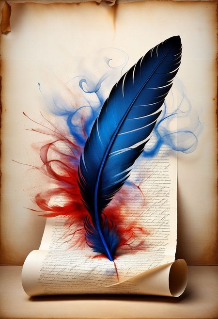 mysterious phoenix feather gliding through the air, single drop of deep blue ink dropping from the tip of the feather into a half full ink pot while an old piece of aged paper scroll with beautiful writing and burning edges is hovering in the middle of it all, lightrays backlighting glorious feather, burning paper, lightrays backlighting smoke, fading blue red background, by Minjae Lee, Carne Griffiths, Emily Kell, Steve McCurry, Geoffroy Thoorens, Aaron Horkey, Jordan Grimmer, Greg Rutkowski, amazing depth, double exposure, surreal, geometric patterns, intricately detailed, bokeh,  perfect balanced, deep fine borders, artistic photorealism , smooth,  great masterwork by Suiras  <lora:add-detail-xl:2>  <lora:Double_Exposure:0.5>