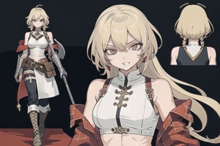 1woman, solo, armor, pauldrons, <lora:BarbarianT-18:0.8>, BarbarianT, muscular female, abs, ((masterpiece: 1.4, perfect face, best quality: 1.2)), ultra highly detailed, detailed eyes, delicate hair details, armor faulds, crop top, arm armor, armor greaves, fur tippet, large breasts, sexy eyes, devilish grin, mixed blonde hair, extremely messy large shag hair cape, many braids and beads in hair, intricate details, exposed abs, hazel eyes, eyeliner, eyelashes, crossed_bangs, warpaint, bare shoulders with viking design tattoo, puffy sleeves, tribal design asymmetrical lion cloths, leather boots, wool baggy pants trousers, tassel belt accessories, barbarian woman, brown leather hip belt with pouch on right and sword sheath on left, leather gloves with fur trim, saturated brown tones, nordic, fantasy aesthetic,(flat saturated colors), fine details, intense,(lineart:1.33), charactersheet, reference sheet, multiple views, white background