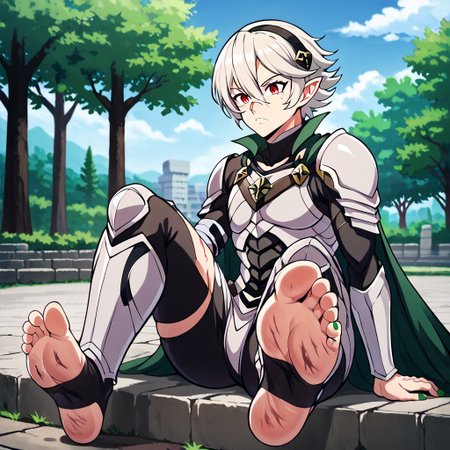 masterpiece, best quality, sharp aliasing, highly detailed, 1male, male body, male,EPfeCorrin, dark green cape, armour, dark green gloves, black pants, wearing pants, outdoors, evening, stone ground, tree, bush, buildings, windy, barefoot, toeless legwear, armoured legwear, armoured arms, shin armour, leg armour, leg and shin armour, shin guards, stirrup legwear, dark green stirrups, 5 toes, Quality, High Definition, Full body view, solo, slimes_sanemi, scar, scars, scar on face, scar on chest, scar on forehead, white hair, muscular, red eyes, slit eyes, pointy ears, sitting, green sword, green toenails, dirty feet, side view, grumpy expression, sitting on ledge, feet, soles, foot focus