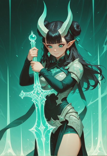 <lora:ck-painterly-fantasy-IL-000011:1>, in the style of ckpf, 1girl, solo, long hair, green eyes, black hair, aqua eyes, fantasya, happy, closed mouth, medium breasts, hair bun, double bun, horns,blunt bangs, looking at object, looking at ethereal sword, holding sword,bend over, amror shirt, armor skirt, long sleeves, ribbon, jewelry, intricate armor, earrings, pointy ears, depth of field, cowboy shot, ,masterpiece,best quality,amazing quality,
masterpiece,best quality,amazing quality