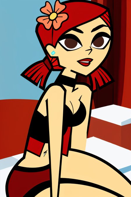 in the Bedroom, (Realistic:1.5) 1girl, solo, open mouth, cleavage, medium breasts, full body, red hair, hair flower, black choker, brown eyes, Lace skirt with a tank top <lora:EdobZoeyTotalDrama_v1.0:0.8>