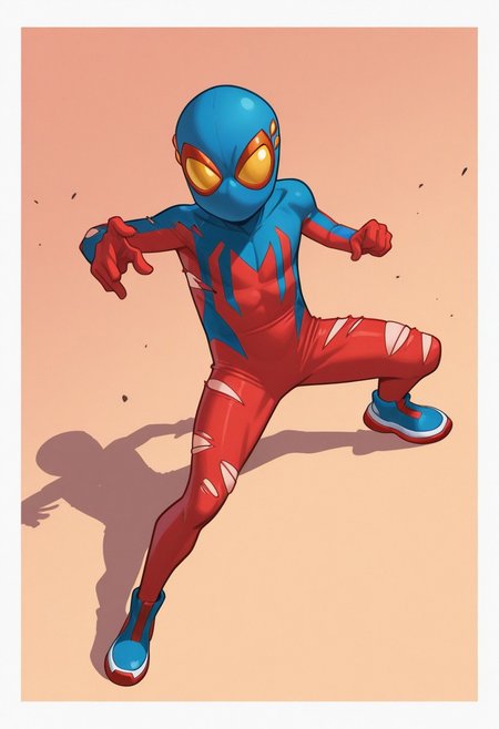 1boy, male focus, cute boy, BaileyBriggs, Mask, Spiderboy Costume, Two-tone Bodysuit, Red Bodysuit, Blue Bodysuit, simple background, graphic border, cinematic, intricately detailed illustration, depth of field, masterpiece, best quality, amazing quality, very aesthetic, absurdres, newest, very awa, shadow, dynamic angle, casual cosplay, dynamic pose,  action pose, torn bodysuit, scrapped skin,