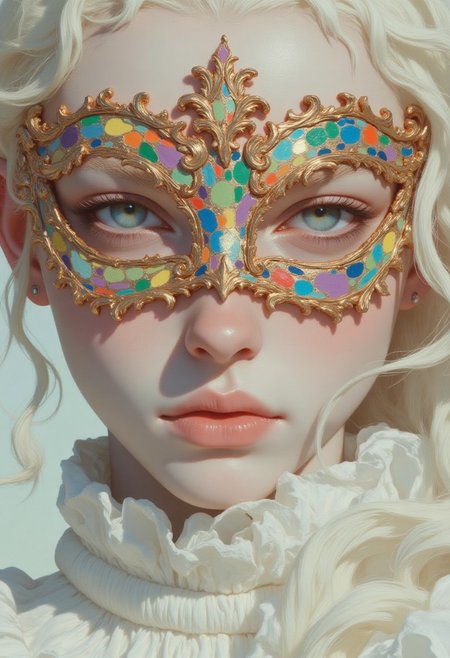 Nixport, a portrait of a beautiful woman with flawless porcelain skin emitting a soft luminescent glow, striking white hair flowing elegantly, mesmerizing light blue eyes with intricate swirling patterns reflecting a kaleidoscope of colors, wearing a jester mask composed of vibrant multicolored glowing neon dots (deep red, electric blue, bright yellow, vivid green, rich purple, radiant orange) that shimmer and pulse with light, golden patterned borders framing the mask, mouth delicately stitched with glistening golden twine, adorned in a flowing white robe matching a bright white background, face partially obscured by ethereal smoke, subtle shadows and high-contrast lighting emphasizing her surreal, cyberpunk anime ne0nfant4sy aesthetic.