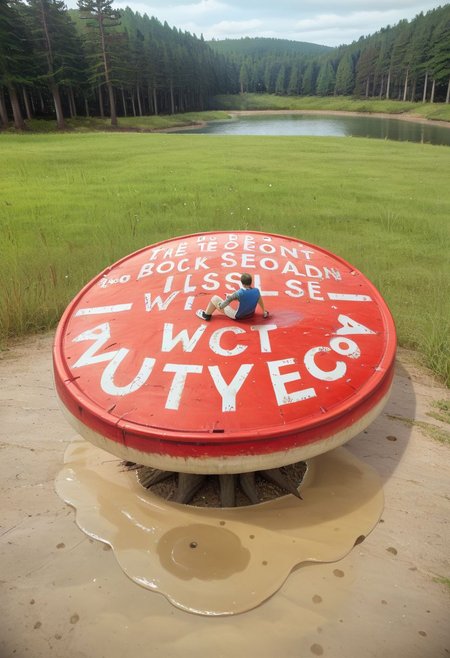 lake sign with the text" Croeso y llyn gellynoth. Oes yn y cont" billboard waste and  <lora:text:0.8>, picturesque lake surrounded by a forest but is in a polluted dystopian landscape, in the foreground there is , human fecal matter on the floor in small piles, puddle of human waste with text "wow" <lora:text:.8>, fecal waste written in it, <lora:falloutlandsdxl:0.8>,  mushroom cloud in background