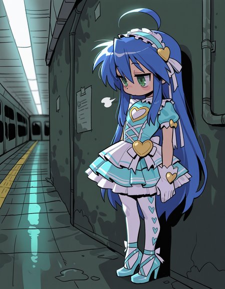 1girl, solo, <lora:knuxze:1> knuxze,
izumi konata, green eyes, blue hair, very long hair, petite, idol outfit, heart motif dress, frilly skirt, pantyhose, heels, gloves, headband, (long shot), experiencing hallucinations, detailed face, located in a ruined world at a desolate subway station during night with overcast weather, illuminated by flickering neon, creating a desolate,bleak atmosphere, extremely detailed, highres, masterpiece, best quality