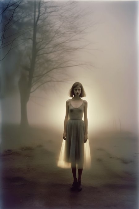 <lora:Todd Hido Style:1>Todd Hido Style - photograph, pinhole lens, large format, girl in sundress, dusk dramatic light, heavy mist, thick fog, in the style of francesca woodman. todd hido. richard avedon. larry shore. sarah moon.