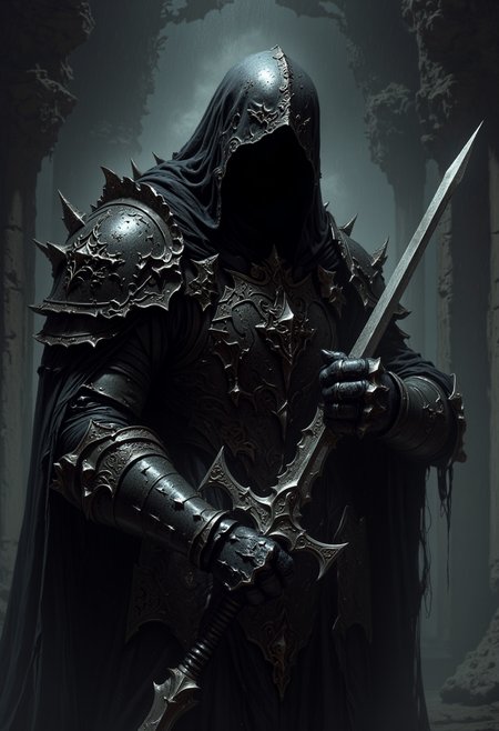 A mysterious, hooded figure. The figure is clad in intricately detailed black armor, adorned with ornate patterns and textures that suggest a gothic or medieval style. The hood obscures the face, casting deep shadows that enhance the enigmatic presence. The figure's hands, covered in armored gauntlets, grip the hilt of a large, menacing sword. The sword's blade is partially visible, reflecting a cold, metallic sheen. The background is blurred, emphasizing the central figure and adding to the atmospheric, moody tone of the composition. Water droplets are visible on the armor, suggesting a recent rain or mist, adding a dynamic element to the scene.   <lora:dark_fantasy_flux:0.83> <lora:FredFraiStyle-FLUX-Share:0.63>, <lora:FluxMythP0rtr4itStyle:0.33> mythp0rt