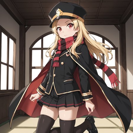 indoors, <lora:chiaki.pony:1> chiaki, 1girl, solo, long hair, blonde hair, red eyed, scarf, striped scarf, shako cap, black headwear, cape, black cape, black coat, flat chest, skirt, pleated skirt, black skirt, black thigh-highs, black loafers,