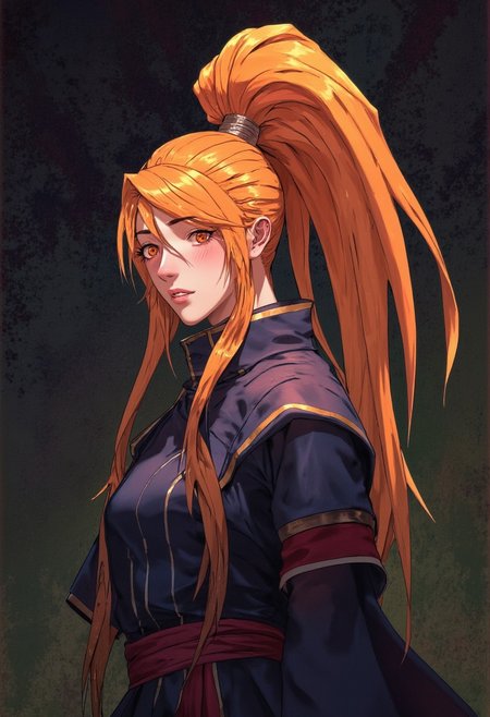 Highly detailed and dramatic digital artwork featuring a young woman with an anime-style aesthetic. The subject is a female character with a fair complexion and long, straight, orange hair styled in a high ponytail with a few strands framing her face. Her hair is adorned with a small, high bun on the top of her head. The background is a dark, textured gradient, enhancing the focus on the character. The overall style is vibrant and dynamic