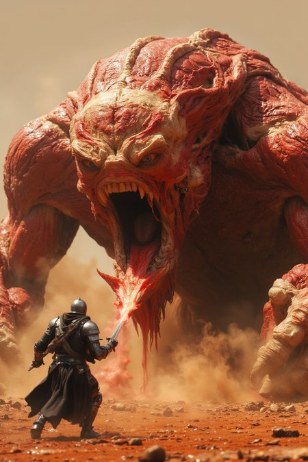 <lora:Plastinates:1> photograph of a huge battle scarred plastinate endboss, spitting acid liquids at the viewer, direct eye contact, intimidating eye contact, depicted in a deadly mars dersert landscape,  the image has a realistic looking texture and lighting, dynamic angle,
an epic final endboss battle emerges, tense atmosphere,
captured on a (Phase One XF IQ4 150MP), rule of third composition, bosstyle,
 <lora:fluxenhancer:0.2>,  midjourneyv6.1 <lora:MidjourneyV6.1:0.4>,  <lora:FluxBossBattle:0.7>