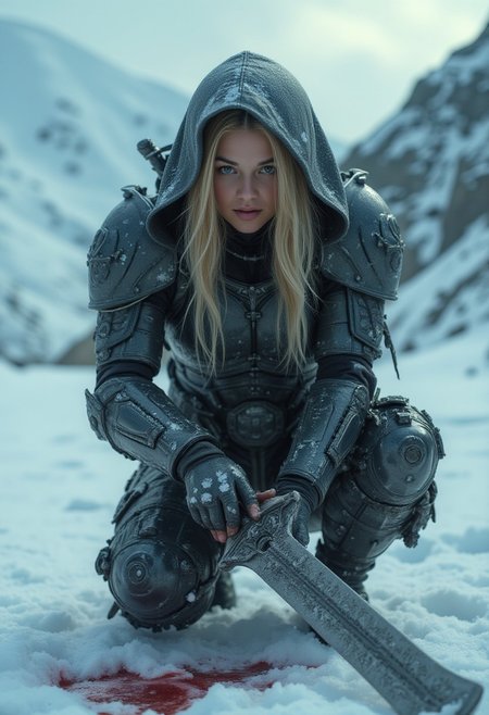Magic style, FFS style face, Detailed skin
Close-up portrait, Atmospheric and powerful dark fantasy image, classic painting style of a beautiful female space marine, dressed in complex power armor. She crouches with her head down, and her dirty blonde hair falls over her face. She holds a powerful sword made of dark steel. On the snow around her is the blood of a fallen enemy. Cinematic shot in a snowy mountain region.
Stylization: Gothic, mysticism
Lighting: Soft light, with a slight glow effect
Color palette: Cool shades, muted tones
Detail: High, especially on the texture of the armor and sword.