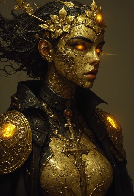 Golden statue of a woman, her skin composed of delicate, textured gold flakes, with chrome and golden flowers intricately woven into her hair, her eyes gleaming with a warm, golden light, wearing a majestic, windy-blown ornate gown with tattered, metallic petals, reminiscent of a dark, dystopian world, her face and shoulders illuminated by a soft, ambient glow, as if radiating an otherworldly energy, in the styles of Royo's dark, mystical realism, Artgerm's hyper-detailed, metallic sheen, and Lovecraft's eerie, atmospheric tension, with meticulous attention to intricate textures, dramatic shading, and a sense of haunting, ethereal beauty.