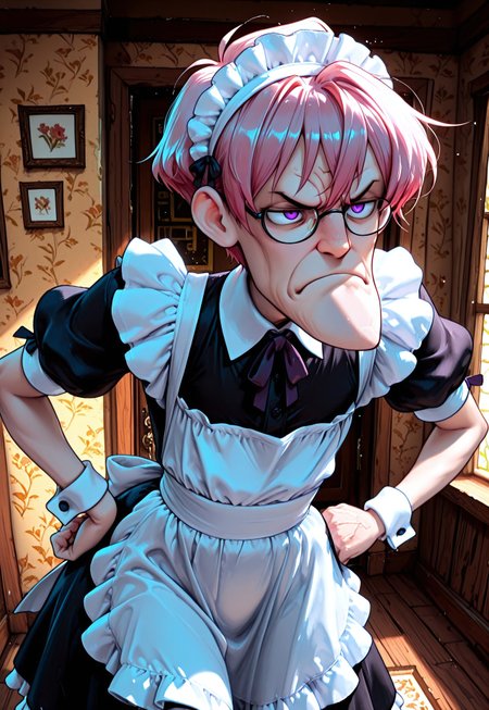 masterpiece, high_quality, highres, vibrant colors, 1boy, solo, cartoon, anime,  Eustace, Bagge, glasses, pointy chin, grumpy expression, maid outfit, purple eyes, short pink hair, CivChan, hand on hips, detailed background, no hat,