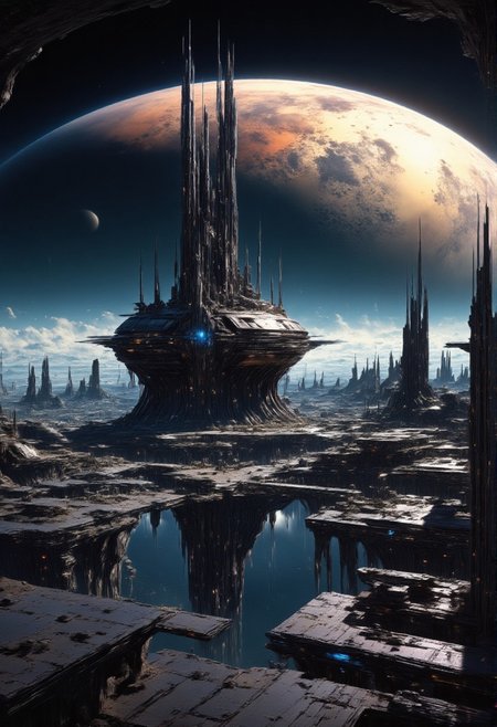 abstract painting, gradient vibrant neon colours, mythp0rt, landscape of a futuristic sci-fi moon base, gleaming metals and ceramics, domes, cratered environment, dusty, thin haze, a large planet dominating the skyline